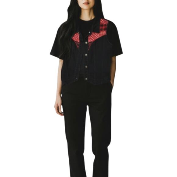 Carole Little Sport Red Black Patchwork Sleeveless Denim Button Down Vest Size L - Picture 7 of 9